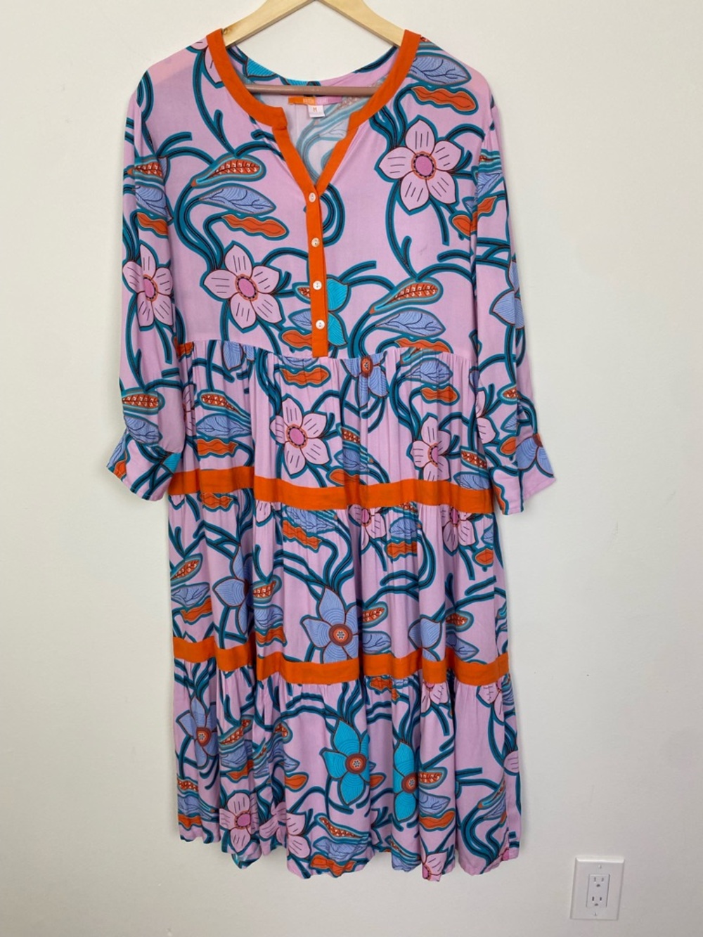 Briton Court floral bold print Bohemian Boho MIDI tiered Dress Size M